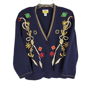 Vintage CST Sport Embellished Cardigan Sweater 1X Nautical Anchor Old money